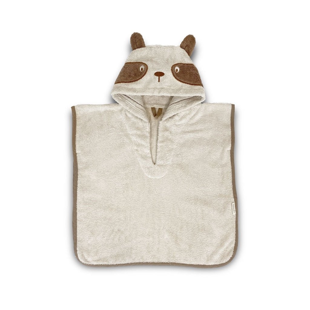 Crèmekleurige kinderponcho van biologisch katoen met koala gezicht en oren op de capuchon.