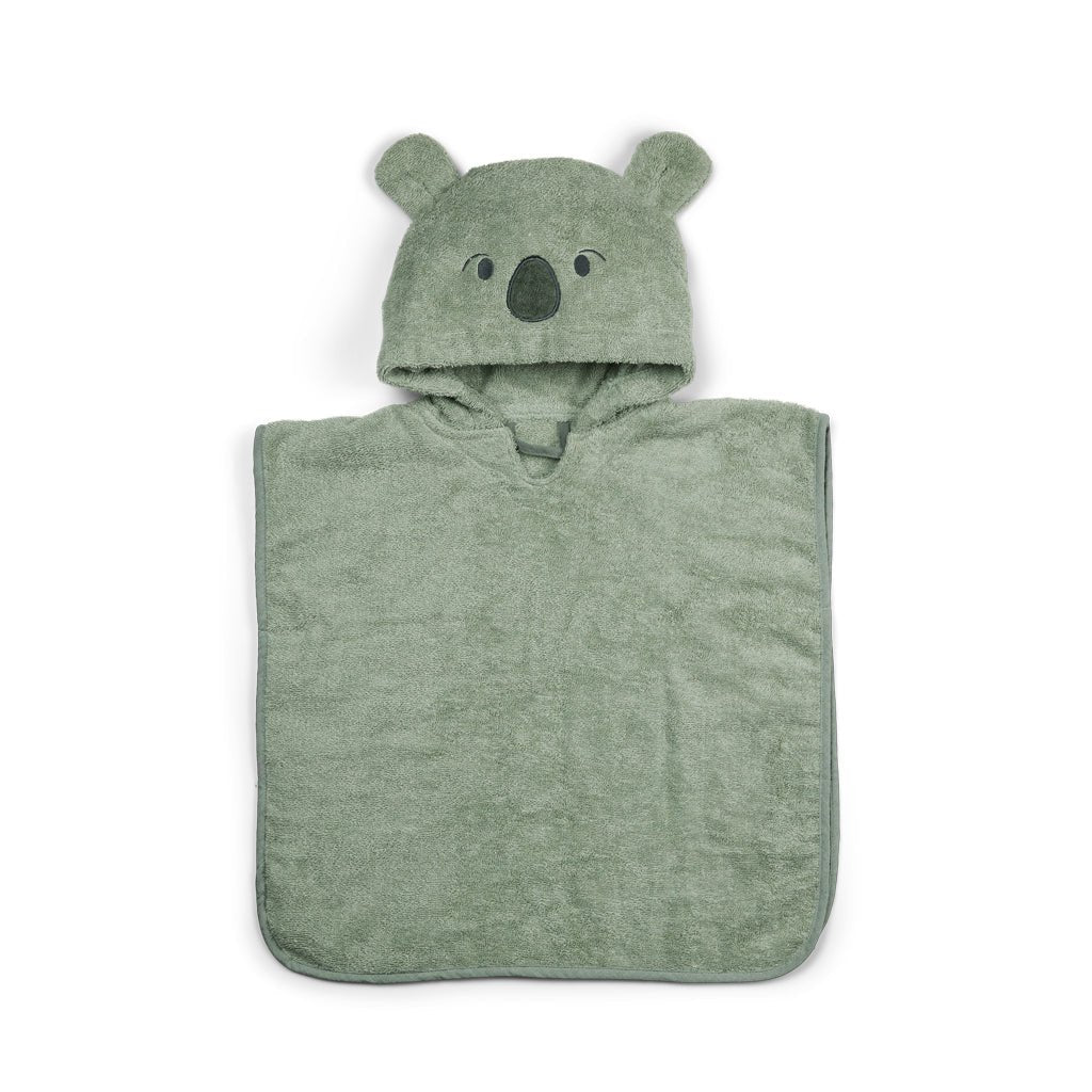 Lichtgroene kinderponcho met koala-gezicht en oortjes van biologisch katoen