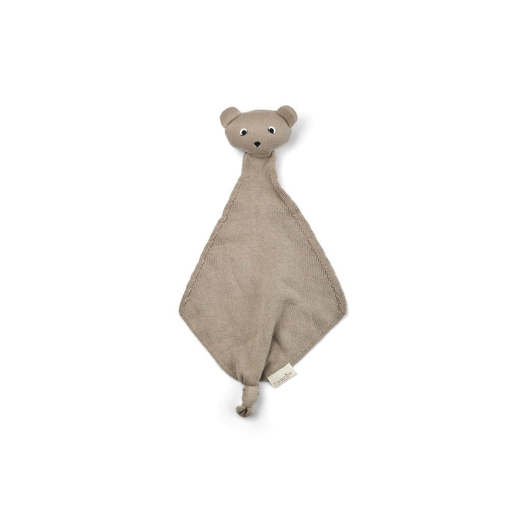 Bruin gebreid knuffeldoekje met berenkop van biologisch katoen